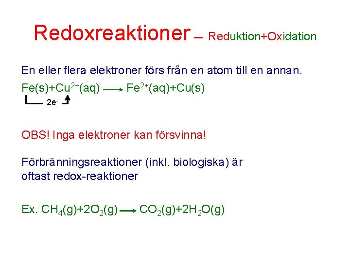Redoxreaktioner Reduktion+Oxidation En eller flera elektroner förs från en atom till en annan. Fe(s)+Cu
