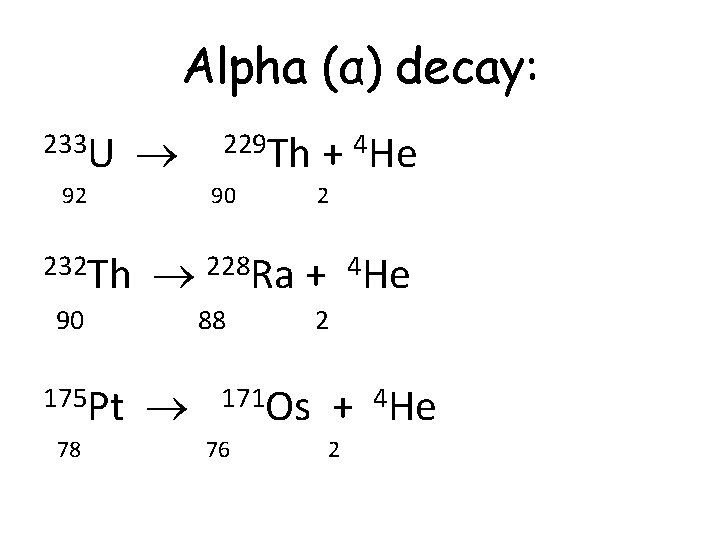 Alpha (α) decay: 233 U 92 232 Th 90 90 175 Pt 78 229