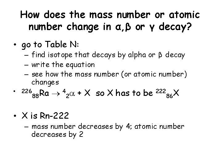 How does the mass number or atomic number change in α, β or γ