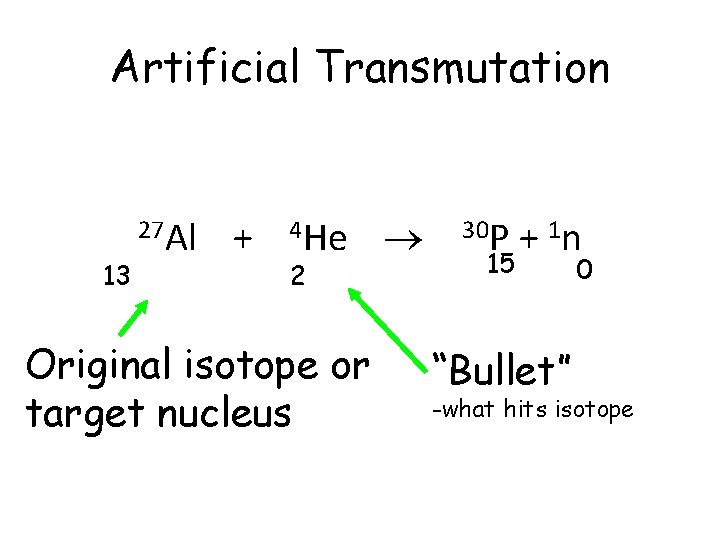 Artificial Transmutation 13 27 Al + 4 He 2 Original isotope or target nucleus