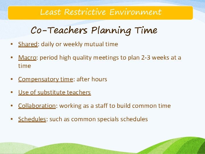 Co-Teachers Planning Time • Shared: daily or weekly mutual time • Macro: period high