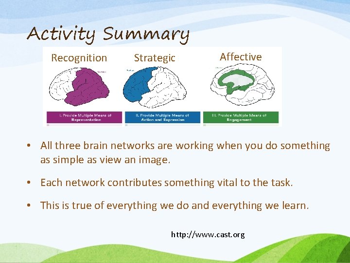 Activity Summary Recognition Strategic Affective • All three brain networks are working when you