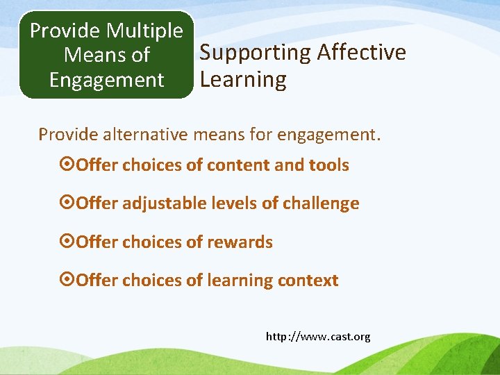 Provide Multiple Supporting Affective Means of Learning Engagement Provide alternative means for engagement. Offer