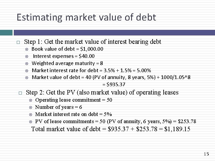Estimating market value of debt Step 1: Get the market value of interest bearing
