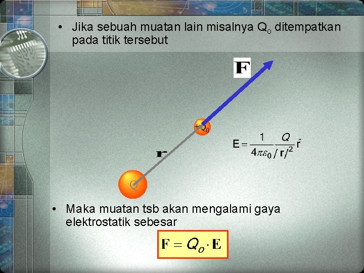  • Jika sebuah muatan lain misalnya Qo ditempatkan pada titik tersebut +Q 0
