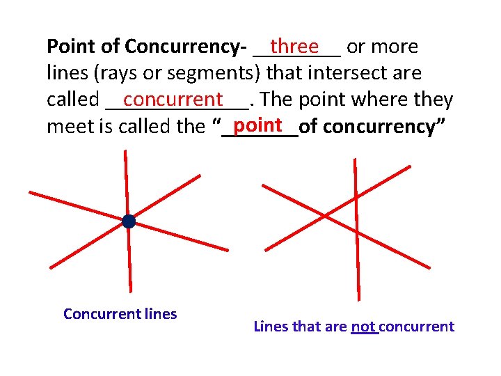 three or more Point of Concurrency- ____ lines (rays or segments) that intersect are