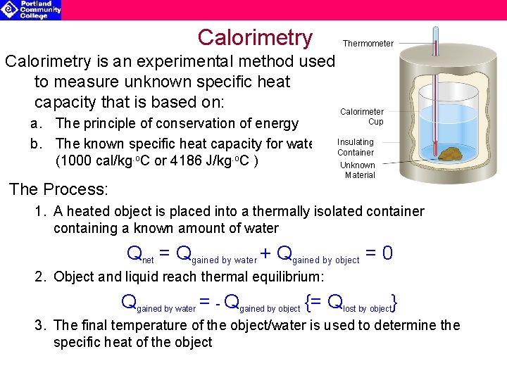 Calorimetry Thermometer Calorimetry is an experimental method used to measure unknown specific heat capacity