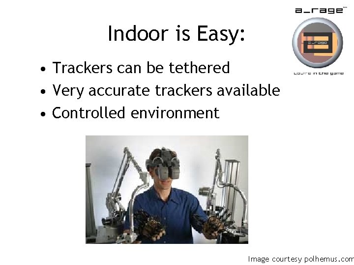 Indoor is Easy: • Trackers can be tethered • Very accurate trackers available •