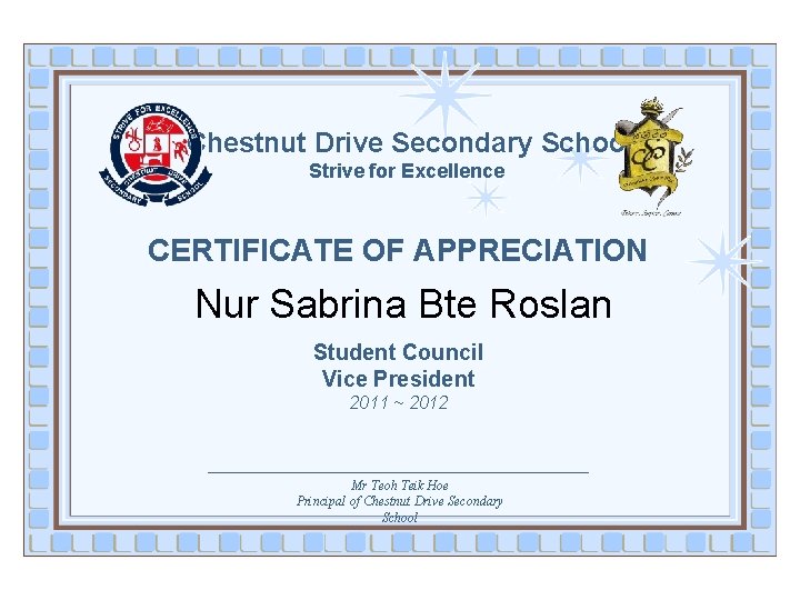 Chestnut Drive Secondary School Strive for Excellence CERTIFICATE OF APPRECIATION Nur Sabrina Bte Roslan