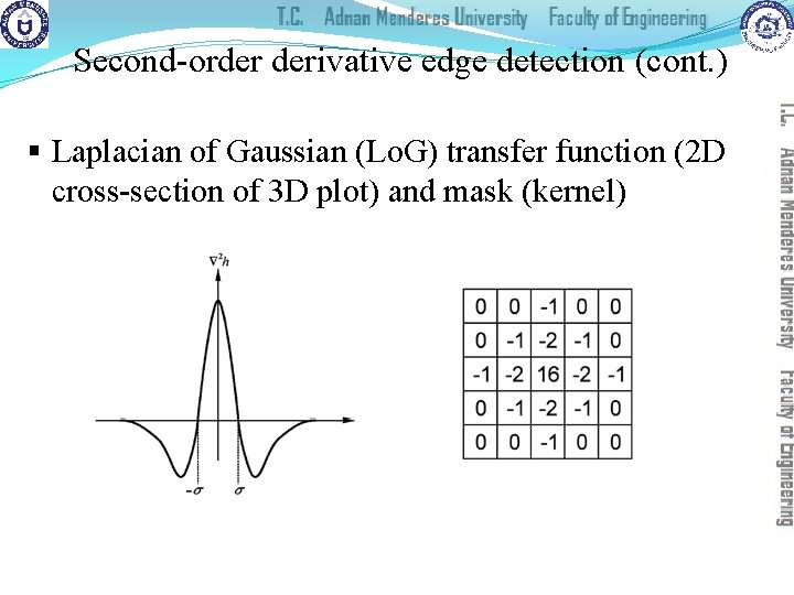 Second-order derivative edge detection (cont. ) § Laplacian of Gaussian (Lo. G) transfer function