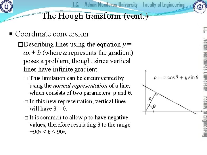 The Hough transform (cont. ) § Coordinate conversion �Describing lines using the equation y