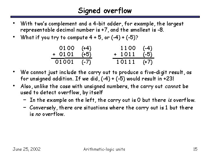 Signed overflow • • With two’s complement and a 4 -bit adder, for example,