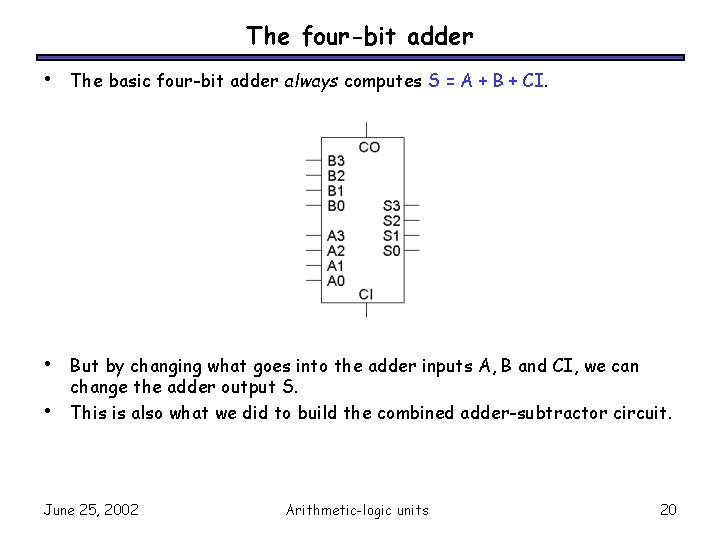 The four-bit adder • The basic four-bit adder always computes S = A +