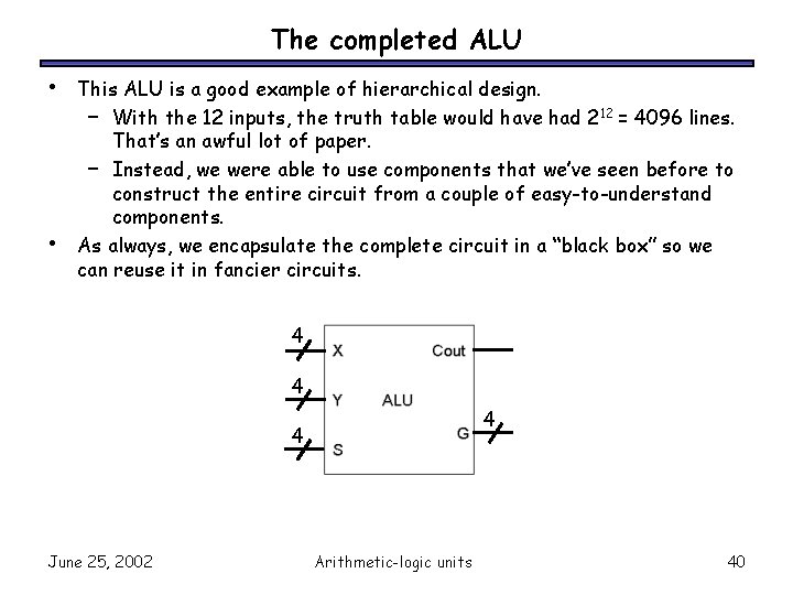 The completed ALU • • This ALU is a good example of hierarchical design.