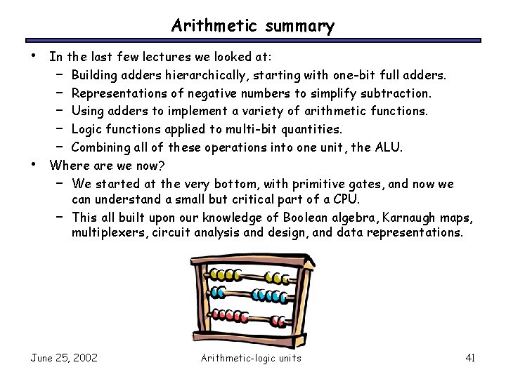 Arithmetic summary • • In the last few lectures we looked at: – Building