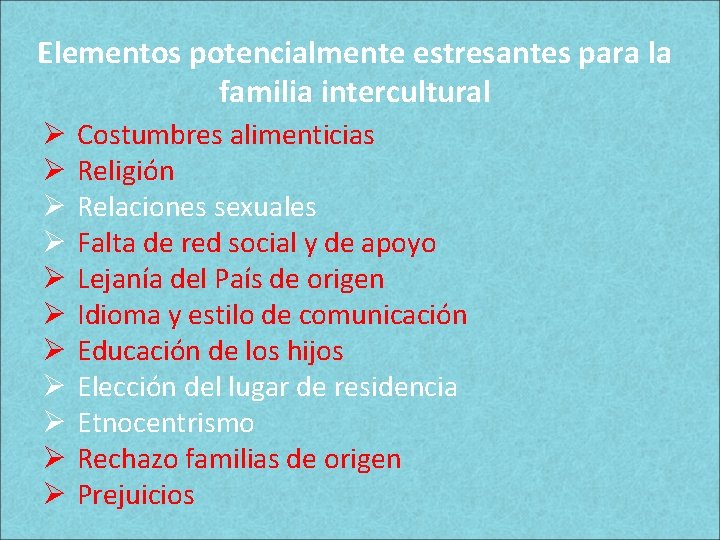 Elementos potencialmente estresantes para la familia intercultural Ø Ø Ø Costumbres alimenticias Religión Relaciones Elementos potencialmente estresantes para la familia intercultural Ø Ø Ø Costumbres alimenticias Religión Relaciones