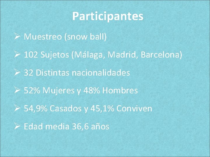 Participantes Ø Muestreo (snow ball) Ø 102 Sujetos (Málaga, Madrid, Barcelona) Ø 32 Distintas Participantes Ø Muestreo (snow ball) Ø 102 Sujetos (Málaga, Madrid, Barcelona) Ø 32 Distintas