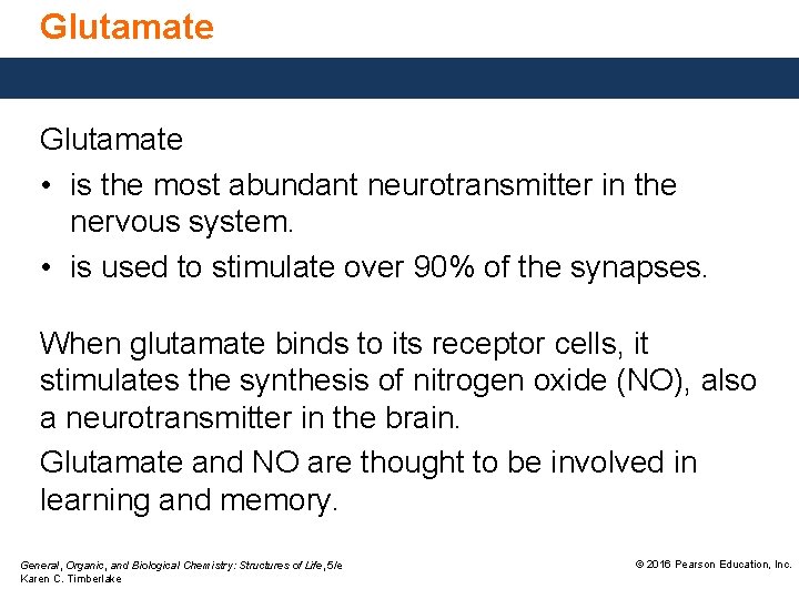 Glutamate • is the most abundant neurotransmitter in the nervous system. • is used