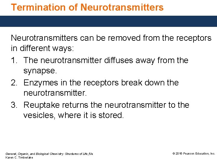 Termination of Neurotransmitters can be removed from the receptors in different ways: 1. The