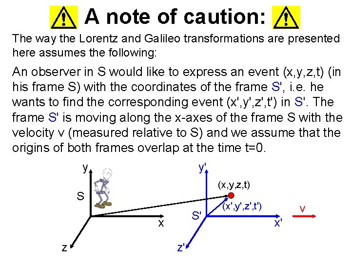 A note of caution: The way the Lorentz and Galileo transformations are presented here A note of caution: The way the Lorentz and Galileo transformations are presented here