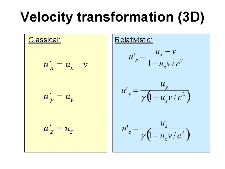 Velocity transformation (3 D) Classical: u'x = ux – v u'y = uy u'z Velocity transformation (3 D) Classical: u'x = ux – v u'y = uy u'z