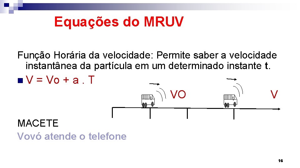 Equações do MRUV Função Horária da velocidade: Permite saber a velocidade instantânea da partícula