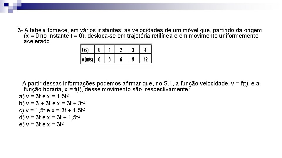  3 - A tabela fornece, em vários instantes, as velocidades de um móvel