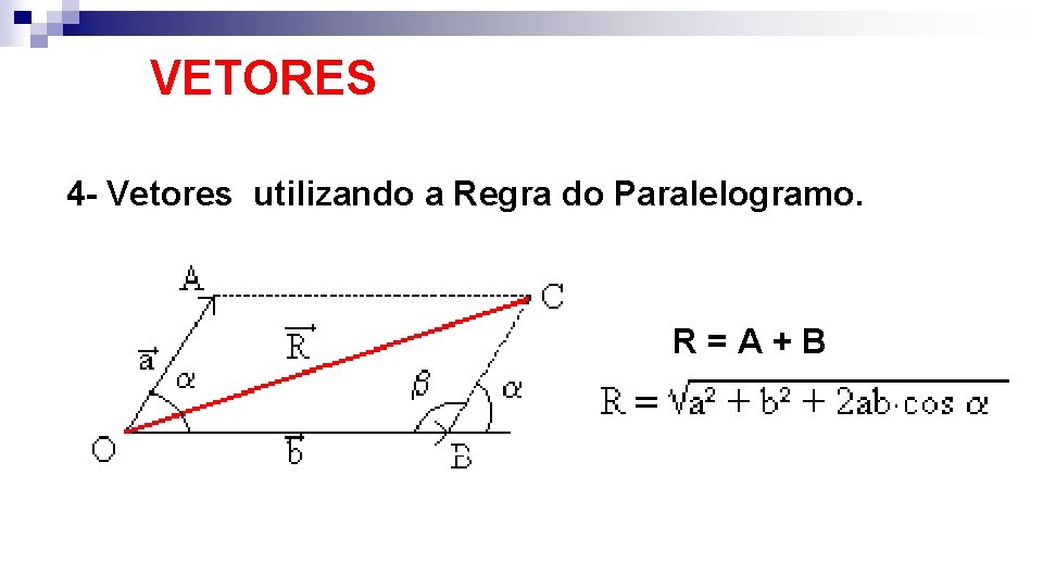 VETORES 4 - Vetores utilizando a Regra do Paralelogramo. R = A + B