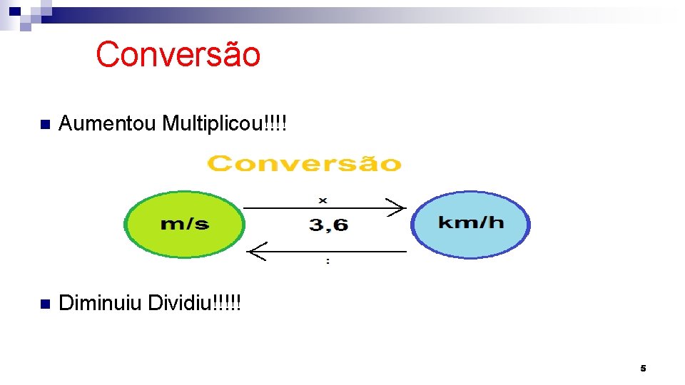 Conversão n Aumentou Multiplicou!!!! n Diminuiu Dividiu!!!!! 5 