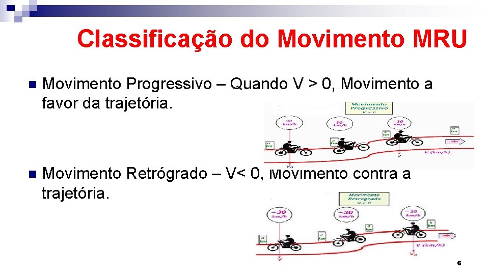 Classificação do Movimento MRU n Movimento Progressivo – Quando V > 0, Movimento a