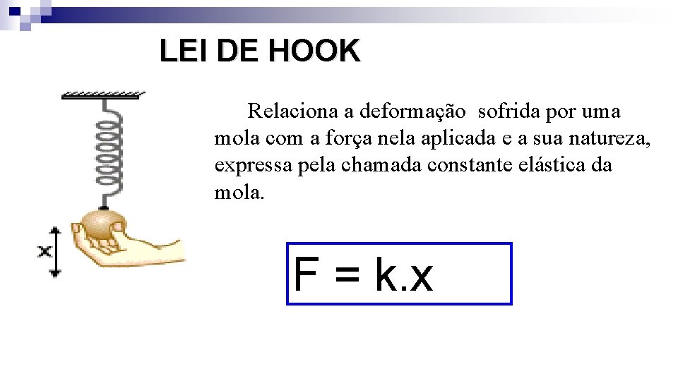 LEI DE HOOK Relaciona a deformação sofrida por uma mola com a força nela