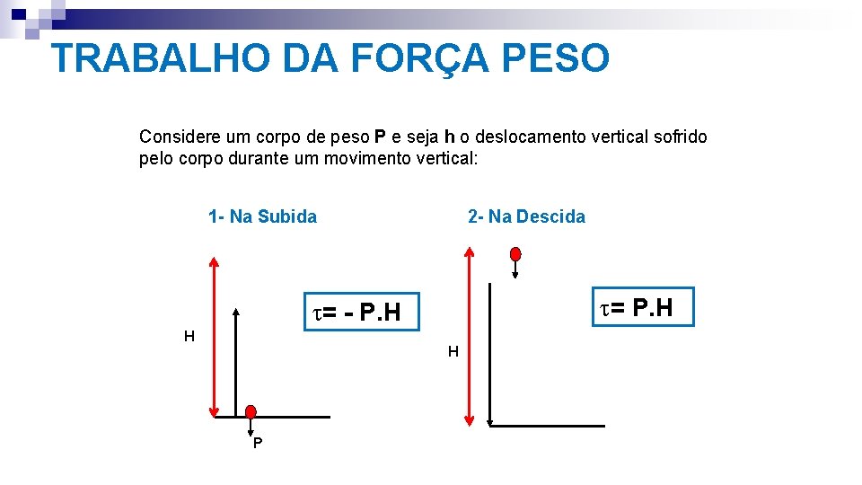 TRABALHO DA FORÇA PESO Considere um corpo de peso P e seja h o