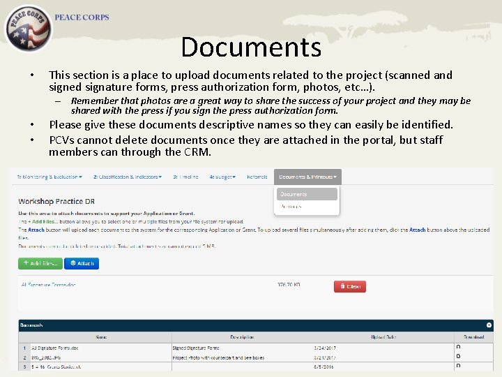 Documents • This section is a place to upload documents related to the project