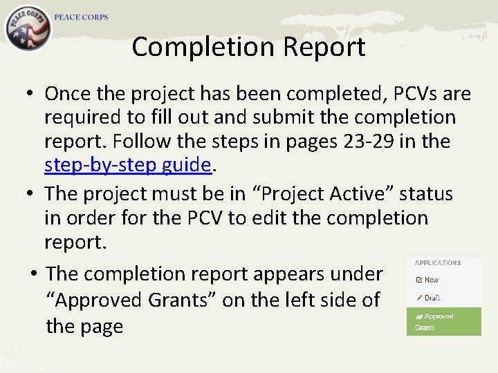 Completion Report • Once the project has been completed, PCVs are required to fill