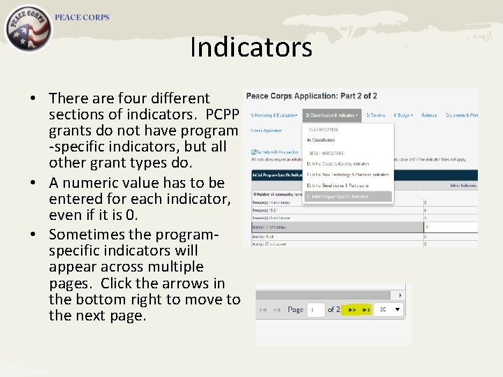 Indicators • There are four different sections of indicators. PCPP grants do not have