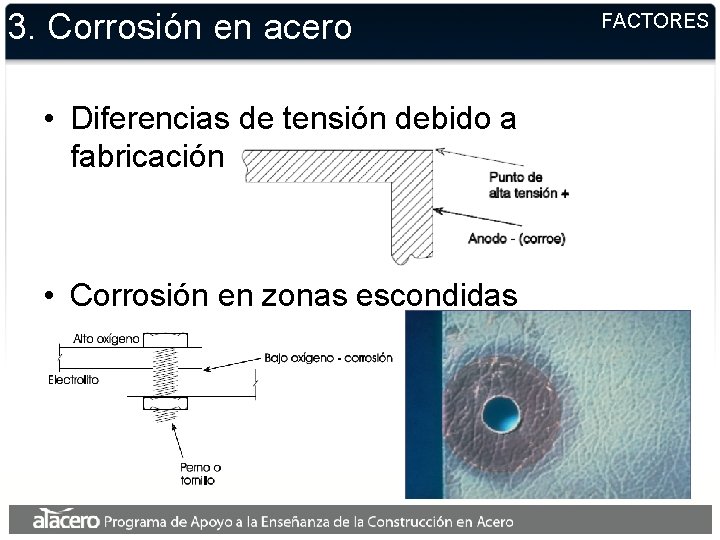 3. Corrosión en acero • Diferencias de tensión debido a fabricación • Corrosión en