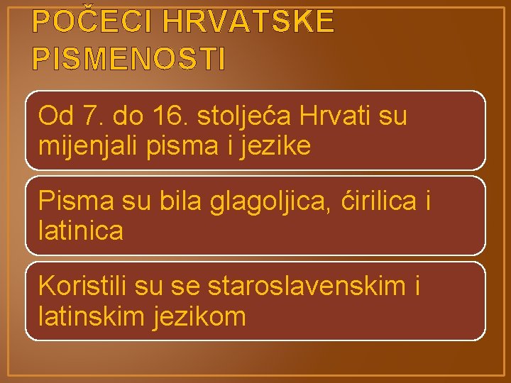 POČECI HRVATSKE PISMENOSTI Od 7. do 16. stoljeća Hrvati su mijenjali pisma i jezike