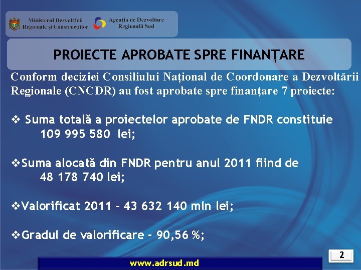 PROIECTE APROBATE SPRE FINANȚARE Conform deciziei Consiliului Național de Coordonare a Dezvoltării Regionale (CNCDR)