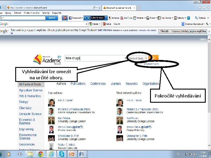 Vyhledávání lze omezit na určité obory. Pokročilé vyhledávání 