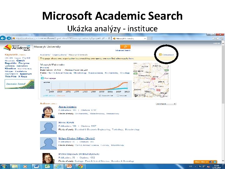 Microsoft Academic Search Ukázka analýzy - instituce 