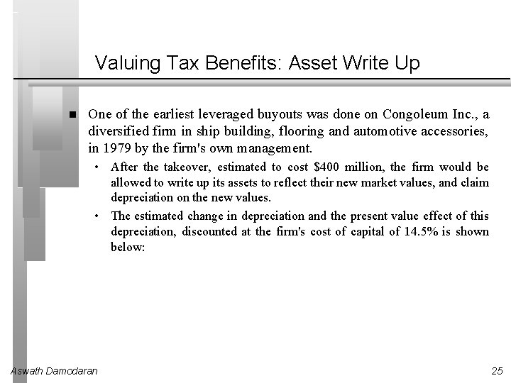 Valuing Tax Benefits: Asset Write Up One of the earliest leveraged buyouts was done