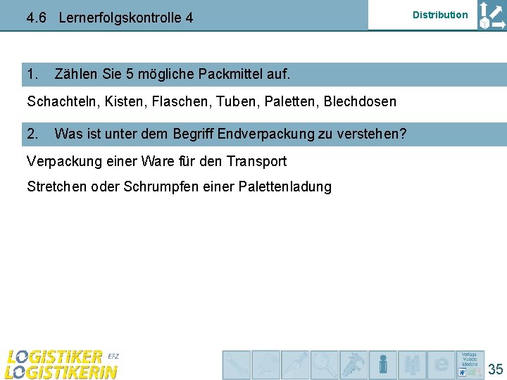 4. 6 Lernerfolgskontrolle 4 1. Distribution Zählen Sie 5 mögliche Packmittel auf. Schachteln, Kisten,