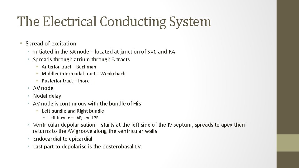 The Electrical Conducting System • Spread of excitation • Initiated in the SA node