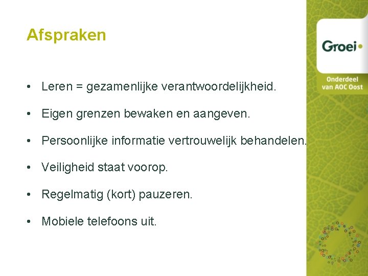 Afspraken • Leren = gezamenlijke verantwoordelijkheid. • Eigen grenzen bewaken en aangeven. • Persoonlijke