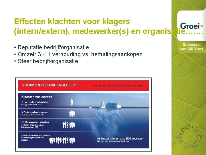 Effecten klachten voor klagers (intern/extern), medewerker(s) en organisatie……. • Reputatie bedrijf/organisatie • Omzet: 3