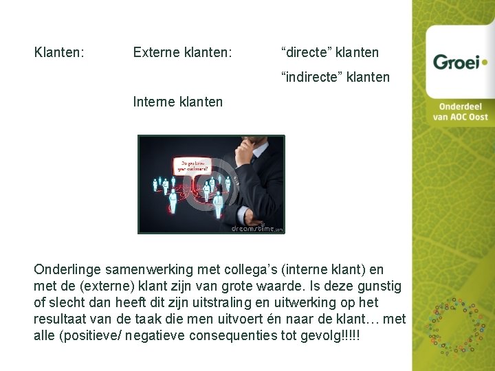 Klanten: Externe klanten: “directe” klanten “indirecte” klanten Interne klanten Onderlinge samenwerking met collega’s (interne