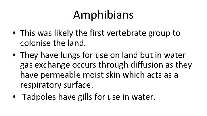 Amphibians • This was likely the first vertebrate group to colonise the land. •