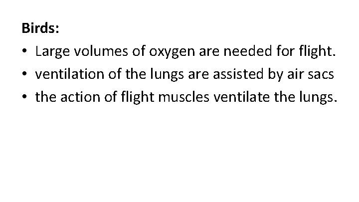 Birds: • Large volumes of oxygen are needed for flight. • ventilation of the