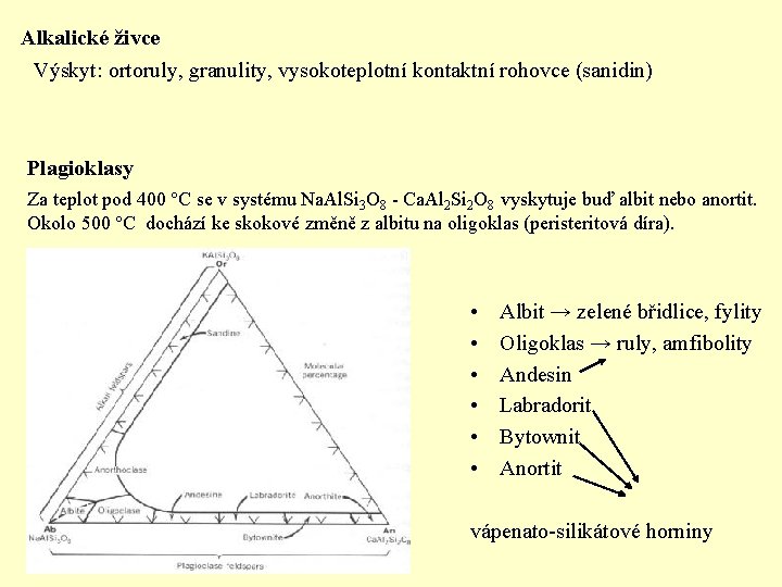 Alkalické živce Výskyt: ortoruly, granulity, vysokoteplotní kontaktní rohovce (sanidin) Plagioklasy Za teplot pod 400