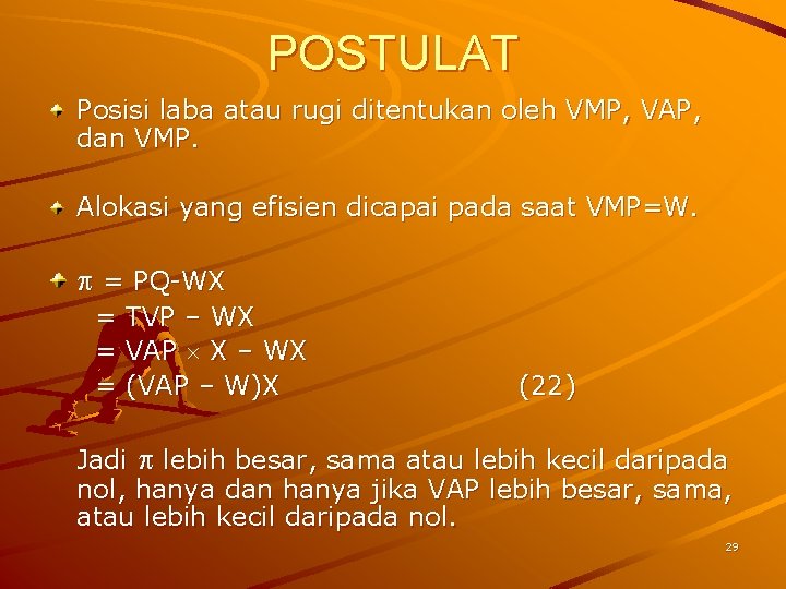 POSTULAT Posisi laba atau rugi ditentukan oleh VMP, VAP, dan VMP. Alokasi yang efisien